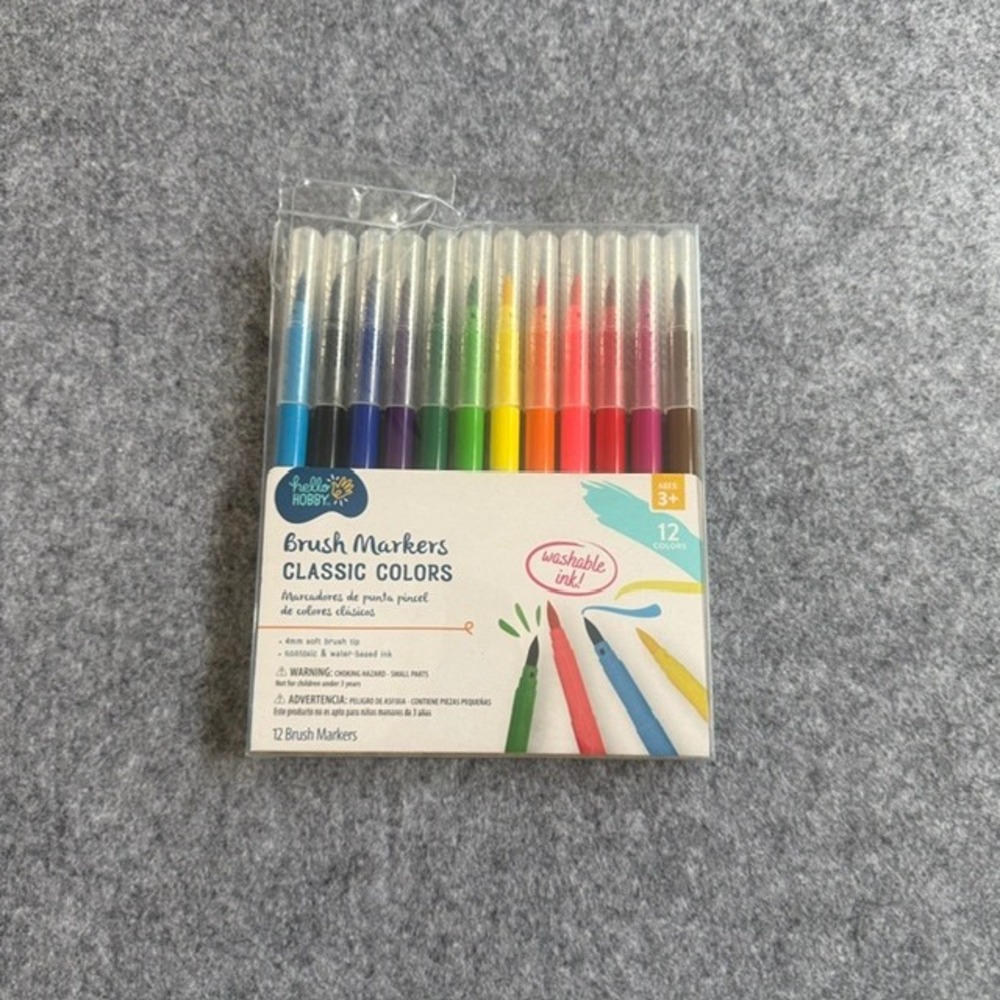 Hello Hobby Brush Markers Kids 12 Count Multicolor New Washable Classic Colors